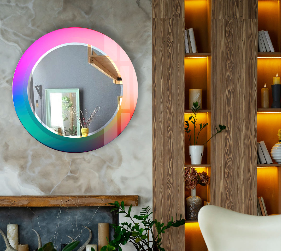 Gradient Rainbow Round Mirror – Pink Turquoise Frame for Decor