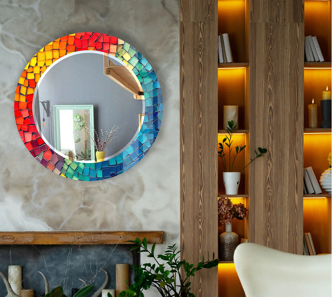Rainbow Tile Mosaic Mirror – Colorful Round Glass for Wall Decor - MyPhotoStation