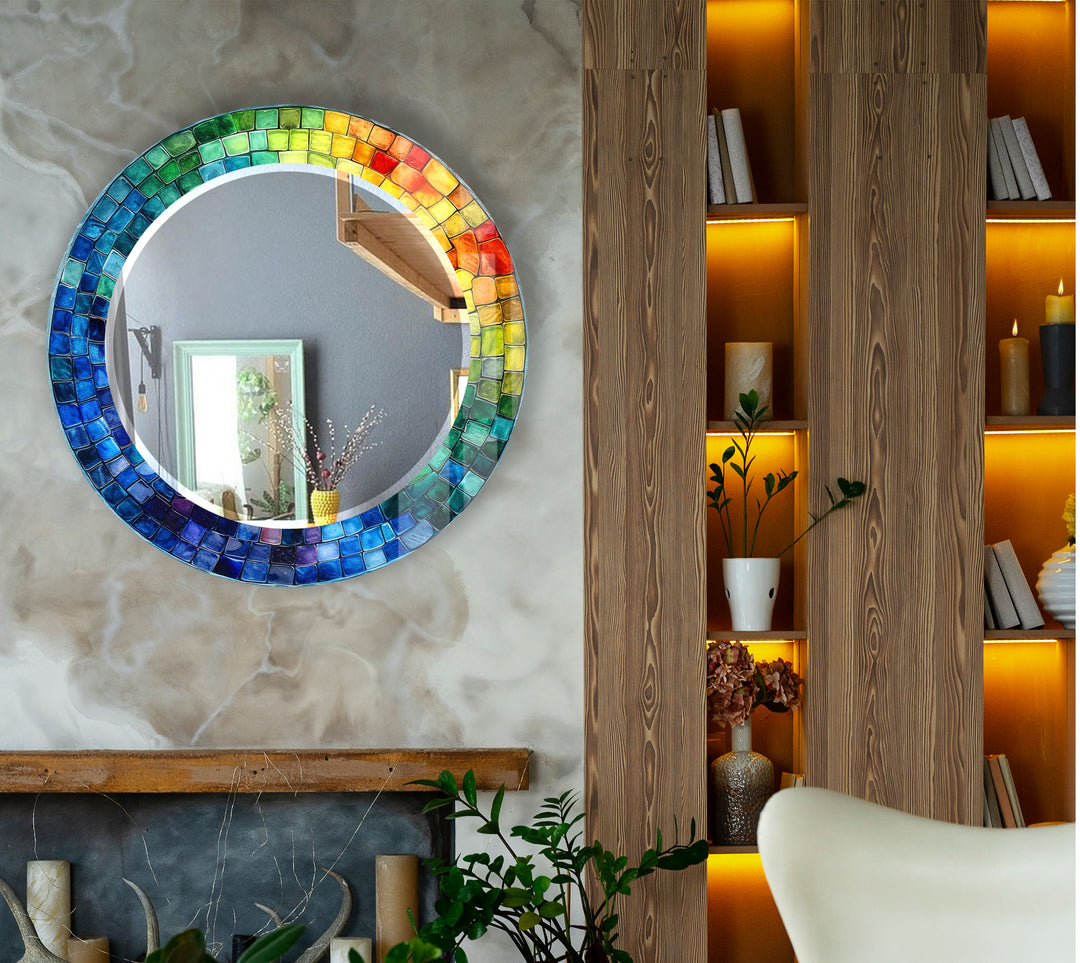 Rainbow Mosaic Glass Wall Mirror – Vibrant Round Frame Accent