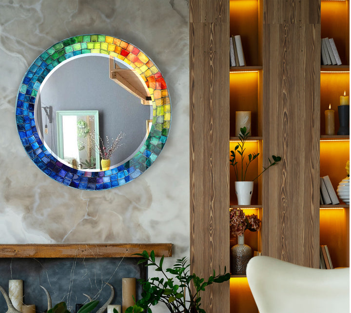 Rainbow Mosaic Glass Wall Mirror – Vibrant Round Frame Accent