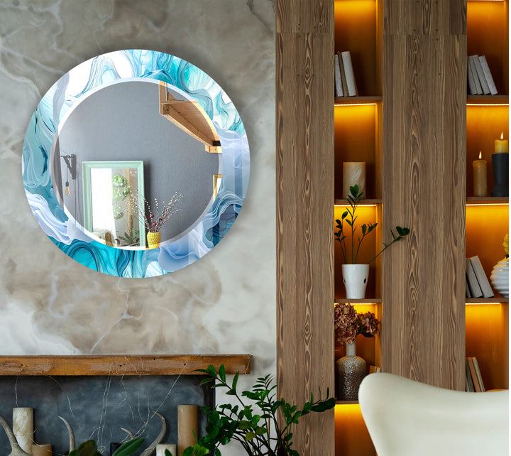 Aqua Blue Swirl Round Wall Mirror – Ocean-Inspired Glass Frame for Coastal Home Decor