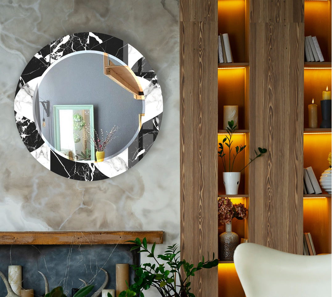 Black & White Marble Round Mirror – Elegant Modern Wall Accent