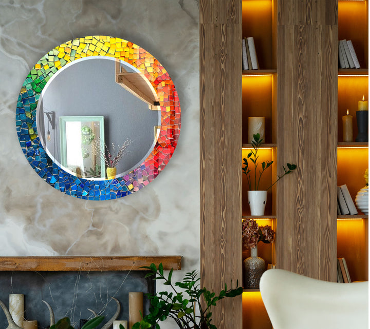 Rainbow Glass Mosaic Mirror – Vibrant Round Accent for Wall Decor