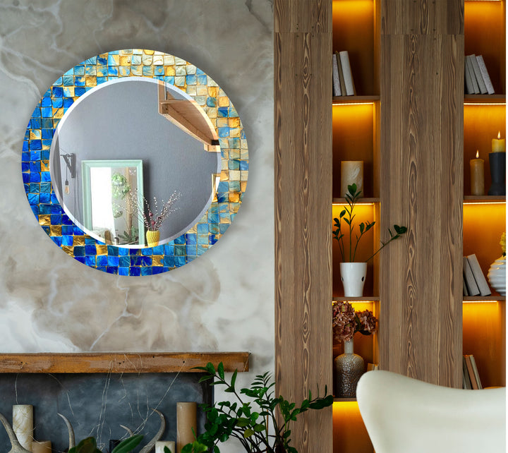 Blue & Gold Mosaic Round Mirror – Elegant Wall Accent for Homes