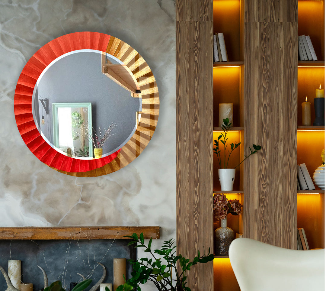 Sunburst Ombre Round Wall Mirror – Red & Gold Frame for Modern Decor