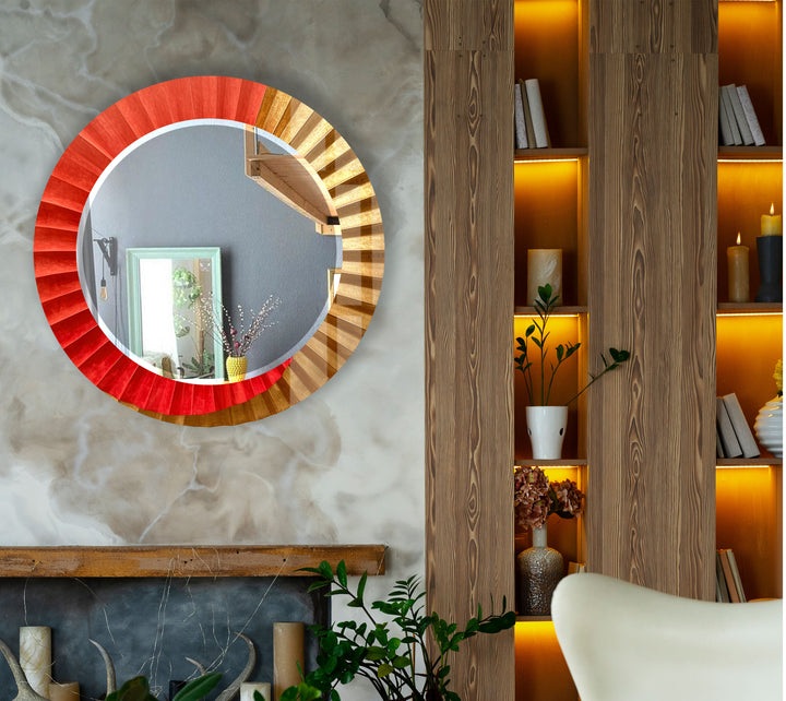 Sunburst Ombre Round Wall Mirror – Red & Gold Frame for Modern Decor