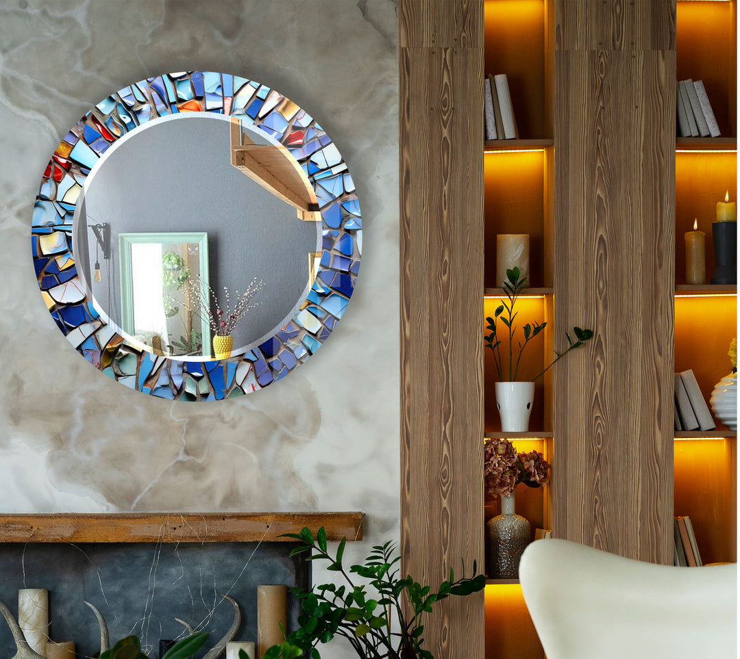 Blue Mosaic Round Mirror – Artistic Frame for Modern Wall Decor