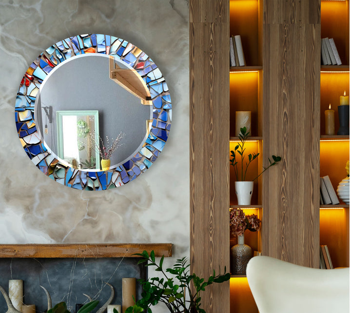 Blue Mosaic Round Mirror – Artistic Frame for Modern Wall Decor
