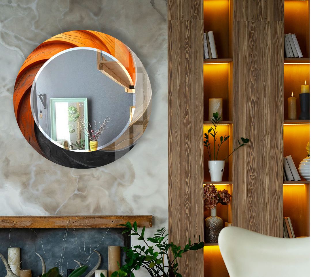 Modern Ombre Swirl Round Wall Mirror – Orange Black Frame for Contemporary Decor