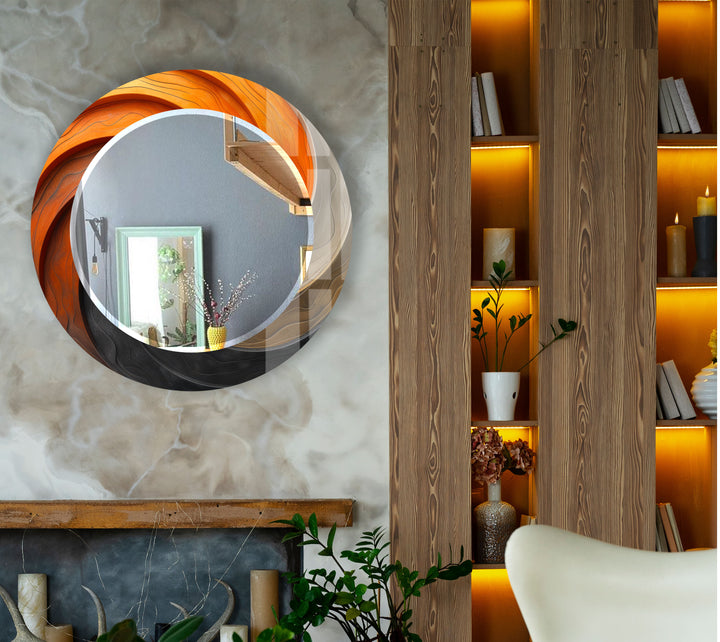 Modern Ombre Swirl Round Wall Mirror – Orange Black Frame for Contemporary Decor