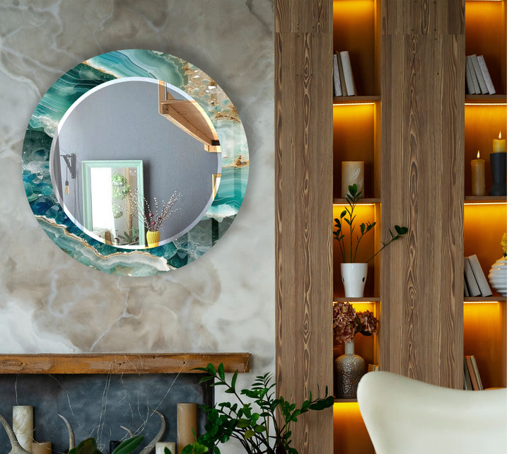 Green Agate Round Wall Mirror – Gemstone Pattern Glass Frame for Boho Interiors