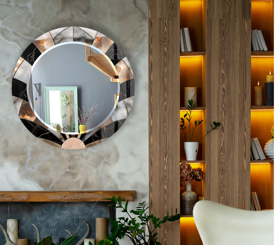 Black Marble Round Wall Mirror – Elegant Sunburst Frame Accent
