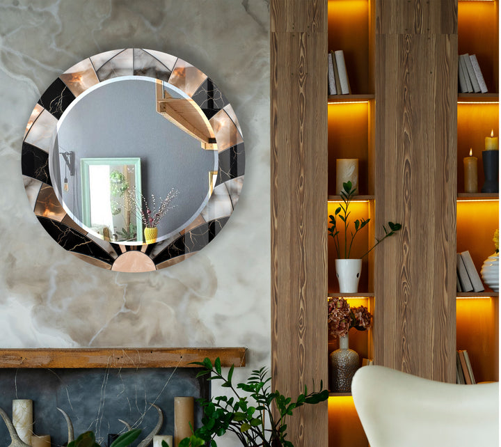 Black Marble Round Wall Mirror – Elegant Sunburst Frame Accent