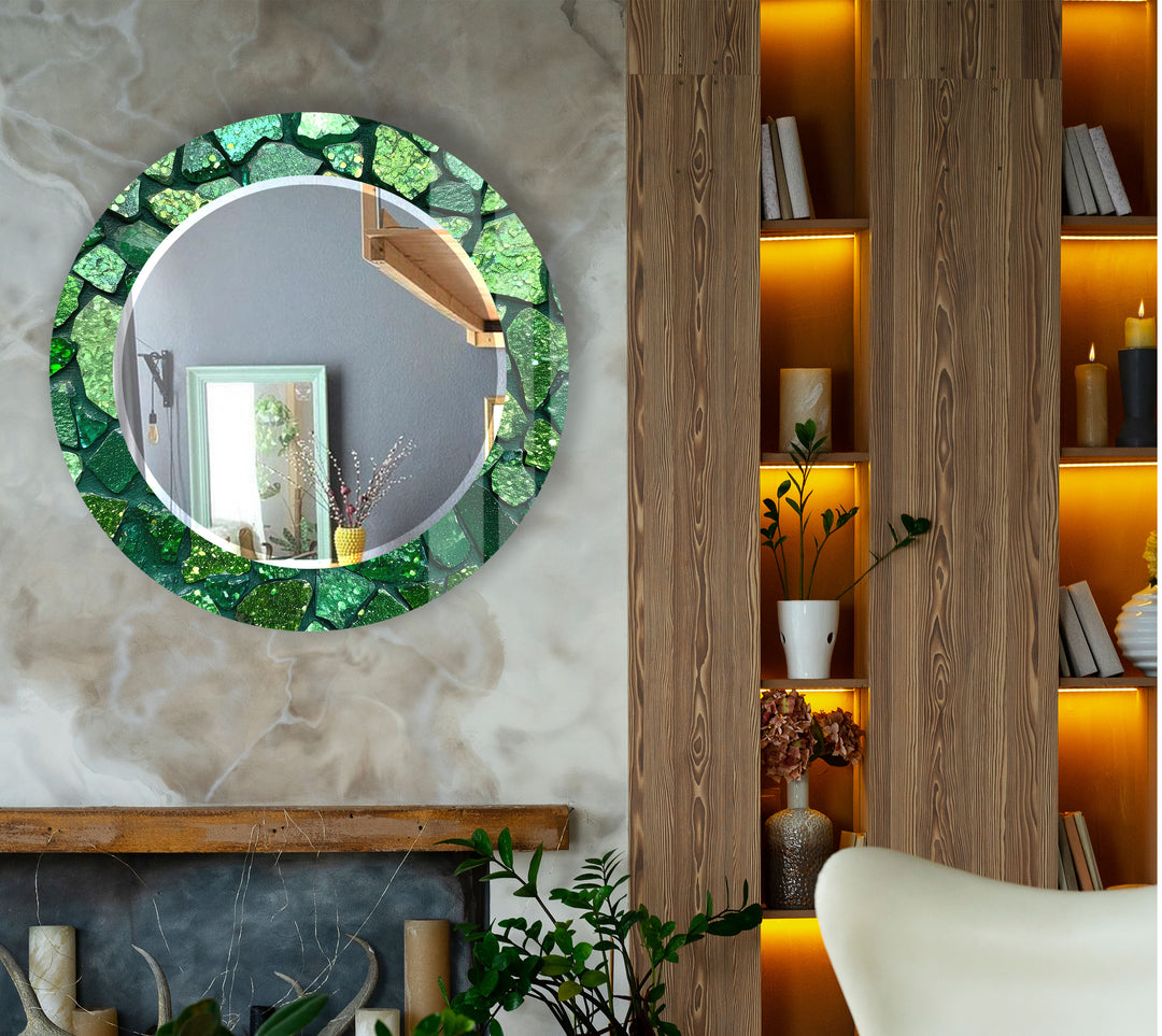Emerald Mosaic Round Mirror – Green Gem Frame for Modern Wall Decor