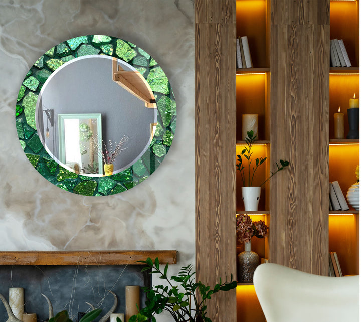 Emerald Mosaic Round Mirror – Green Gem Frame for Modern Wall Decor
