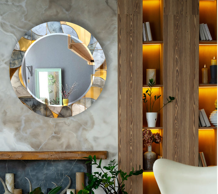 Gold & Blue Round Wall Mirror – Abstract Glass Frame for Decor