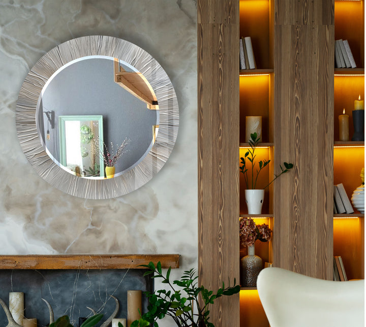 Silver Burst Round Wall Mirror – Textured Frame for Elegant Modern Decor