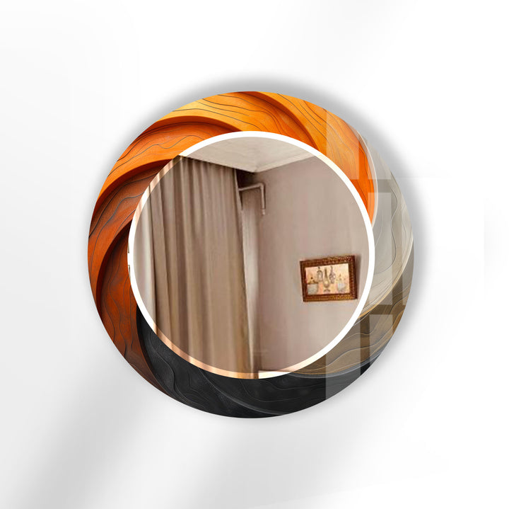 Modern Ombre Swirl Round Wall Mirror – Orange Black Frame for Contemporary Decor