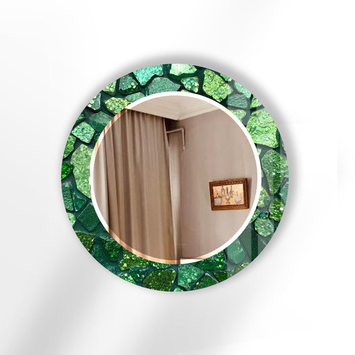 Emerald Mosaic Round Mirror – Green Gem Frame for Modern Wall Decor