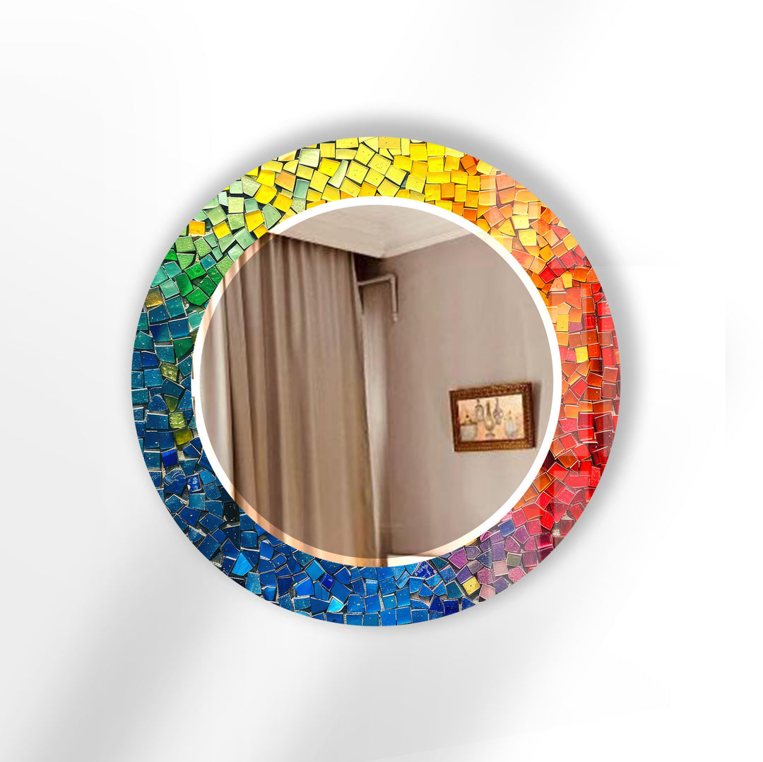 Rainbow Glass Mosaic Mirror – Vibrant Round Accent for Wall Decor