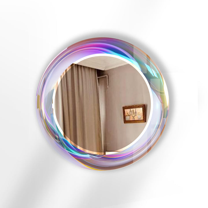 Holographic Swirl Glass Mirror – Iridescent Frame for Modern Decor