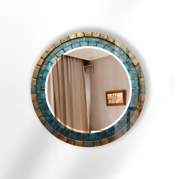Runder Wandspiegel mit türkis-goldenem Mosaik – Rustikaler Boho-Glasrahmen für die Inneneinrichtung 