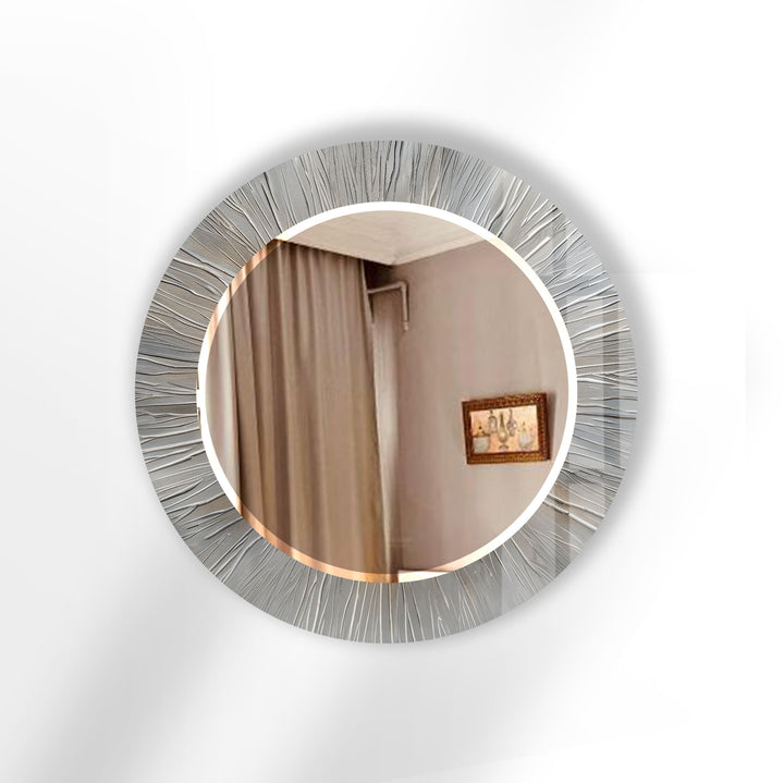 Silver Burst Round Wall Mirror – Textured Frame for Elegant Modern Decor