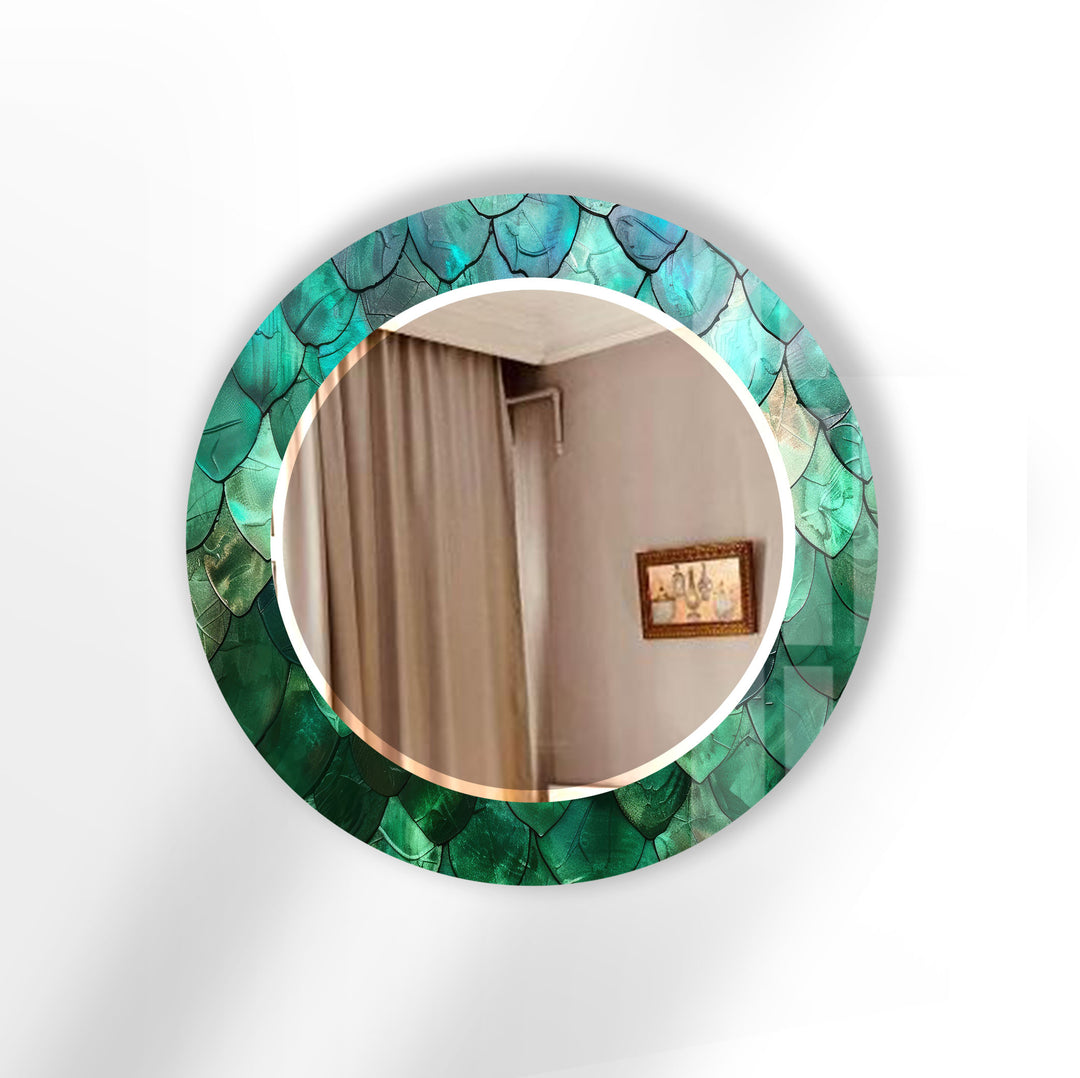 Green Mosaic Round Mirror – Leaf Texture Frame for Natural Decor