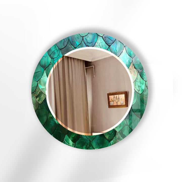 Green Mosaic Round Mirror – Leaf Texture Frame for Natural Decor