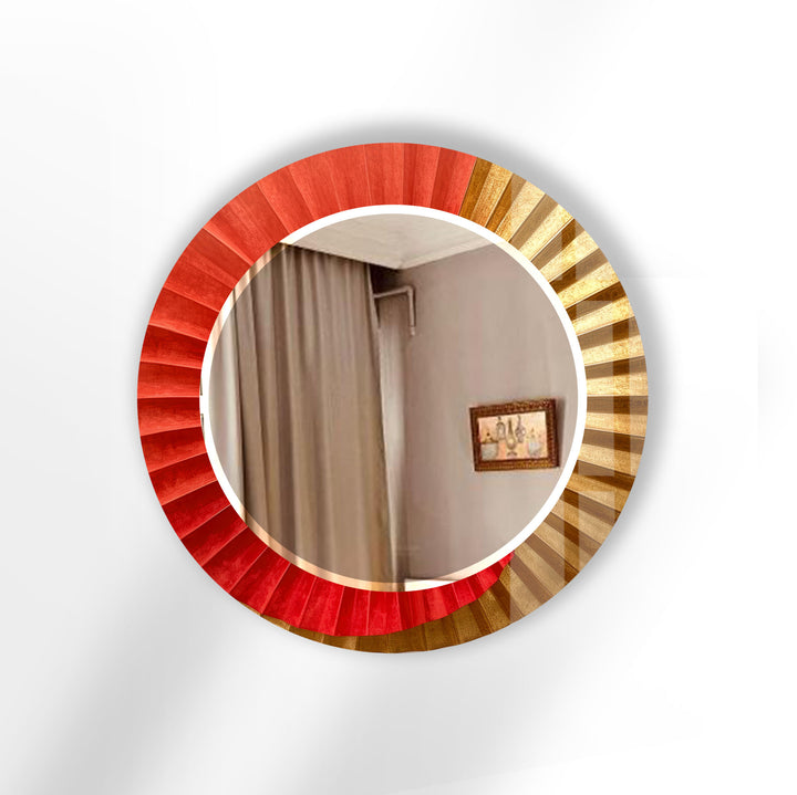 Sunburst Ombre Round Wall Mirror – Red & Gold Frame for Modern Decor