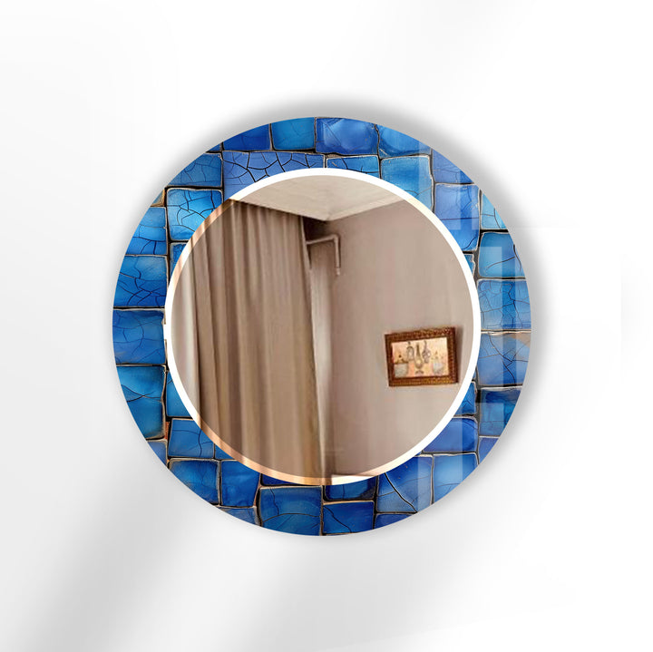Runder Wandspiegel mit blauem Mosaik – Küstenglasrahmen für moderne Wohndekoration
