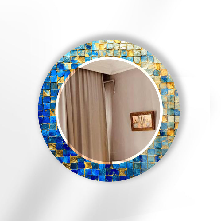 Blue & Gold Mosaic Round Mirror – Elegant Wall Accent for Homes