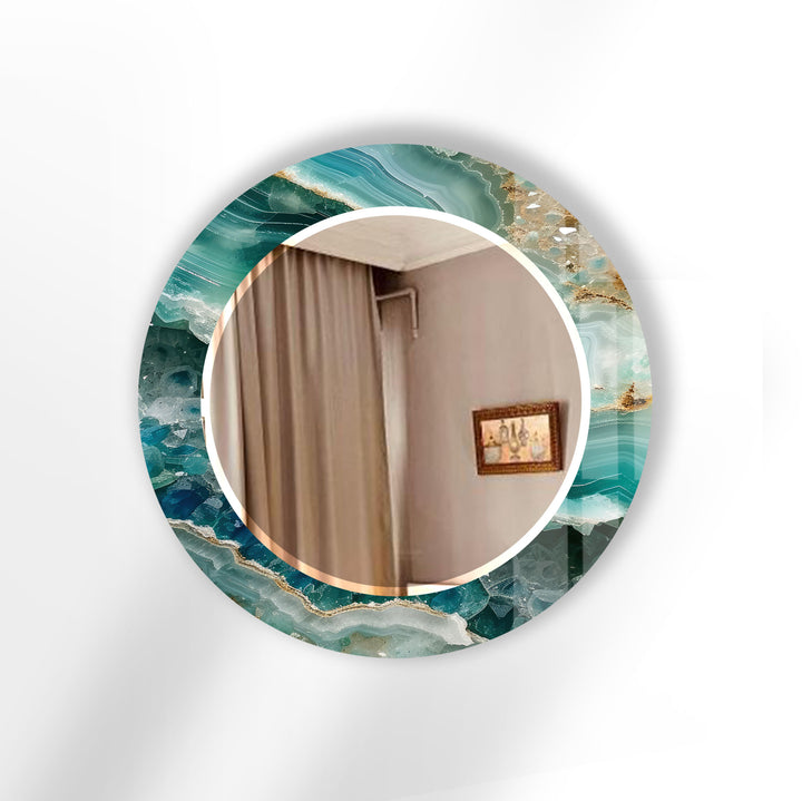 Green Agate Round Wall Mirror – Gemstone Pattern Glass Frame for Boho Interiors