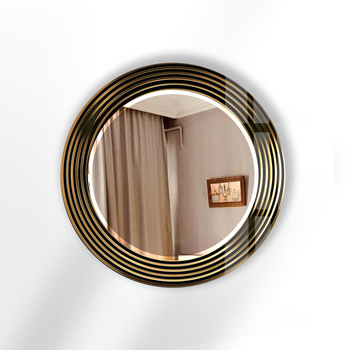 Modern Round Wall Mirror with Gold Striped Frame – Elegant Glass Decor for Living Room