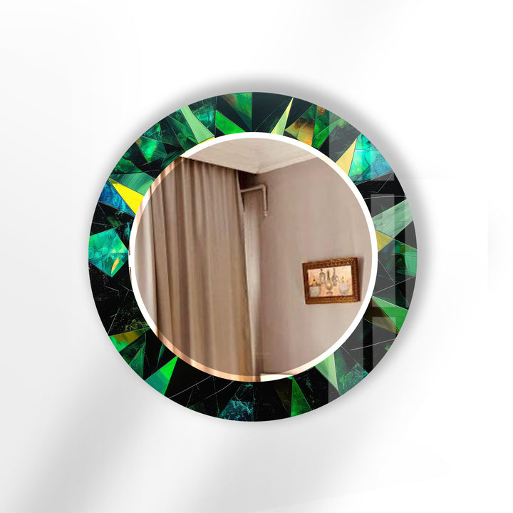 Emerald Geometric Round Mirror – Green Faceted Frame Wall Decor
