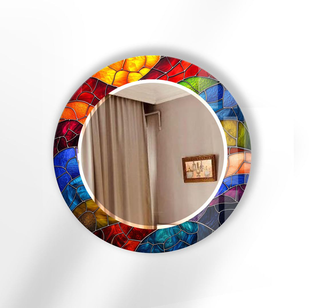Colorful Stained Glass Round Mirror – Mosaic Frame Wall Accent