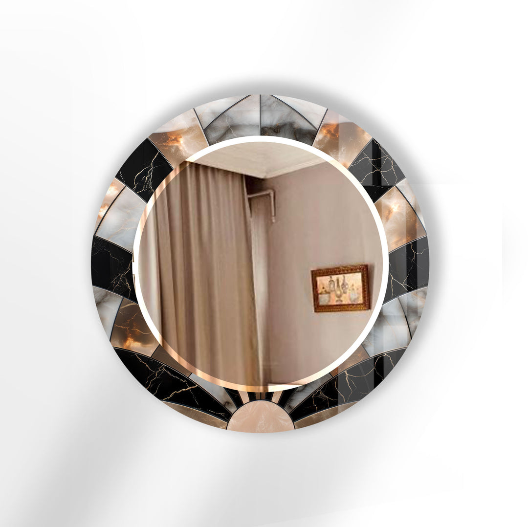 Black Marble Round Wall Mirror – Elegant Sunburst Frame Accent