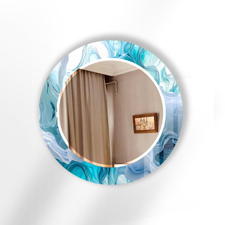 Aqua Blue Swirl Round Wall Mirror – Ocean-Inspired Glass Frame for Coastal Home Decor