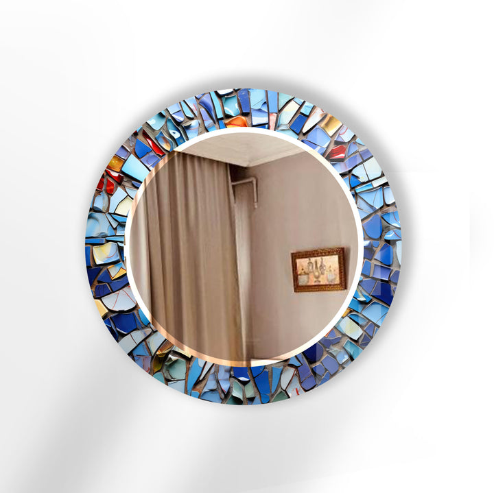 Blue Mosaic Round Mirror – Artistic Frame for Modern Wall Decor
