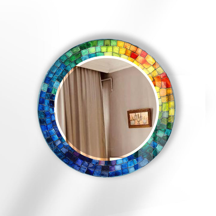 Rainbow Mosaic Glass Wall Mirror – Vibrant Round Frame Accent