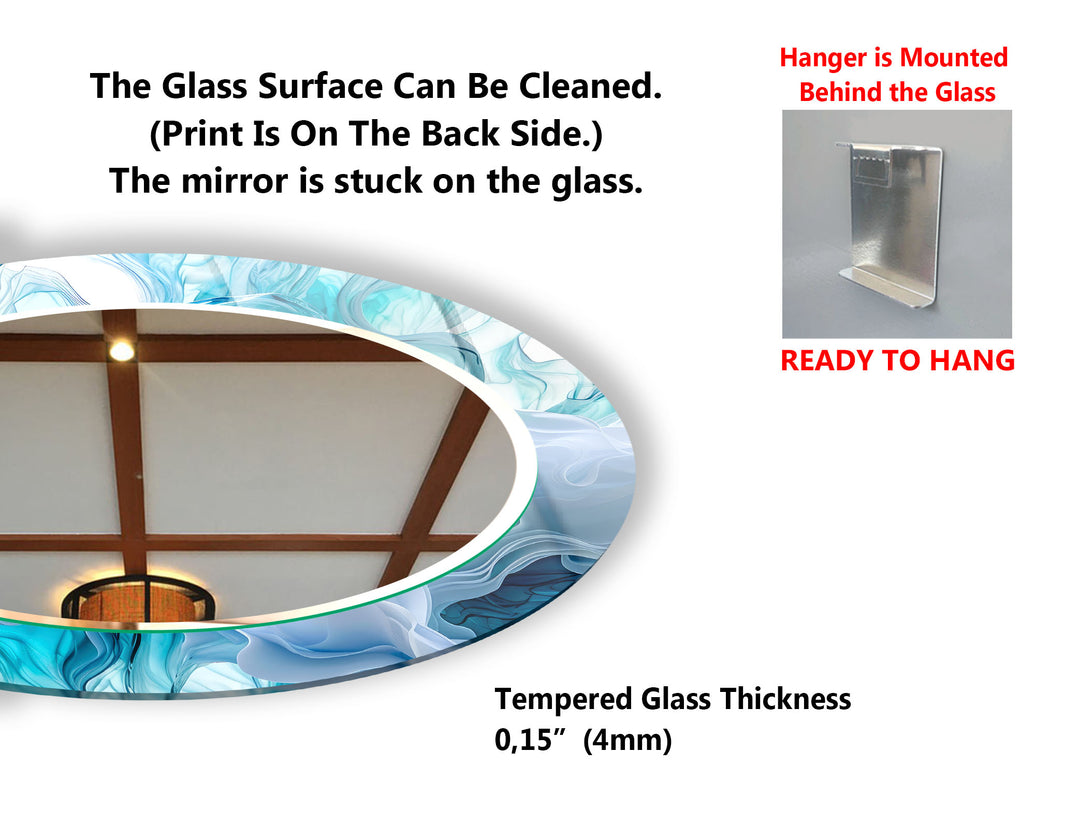 Aqua Blue Swirl Round Wall Mirror – Ocean-Inspired Glass Frame for Coastal Home Decor