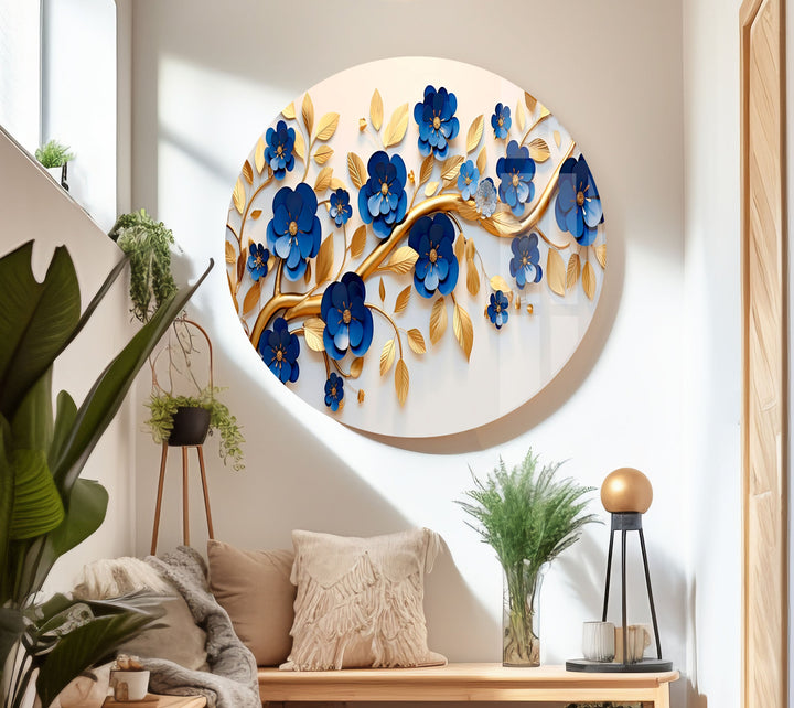 Navy Blue with Golden Details Glass Wall Art custom glass pictures, glass art prints
