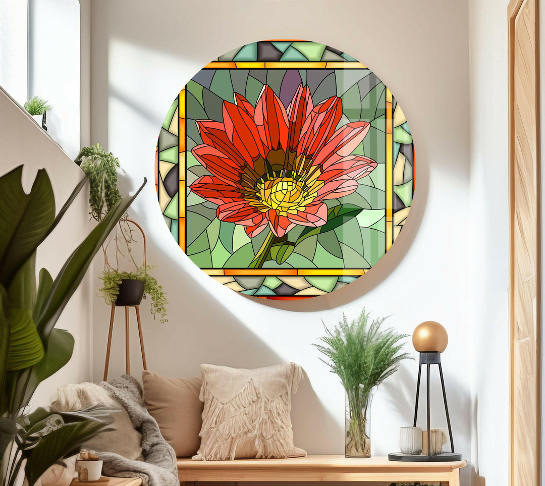 Red Mosaic Flower Stained Glass Wall Art glass art painting, glass art for the Wall