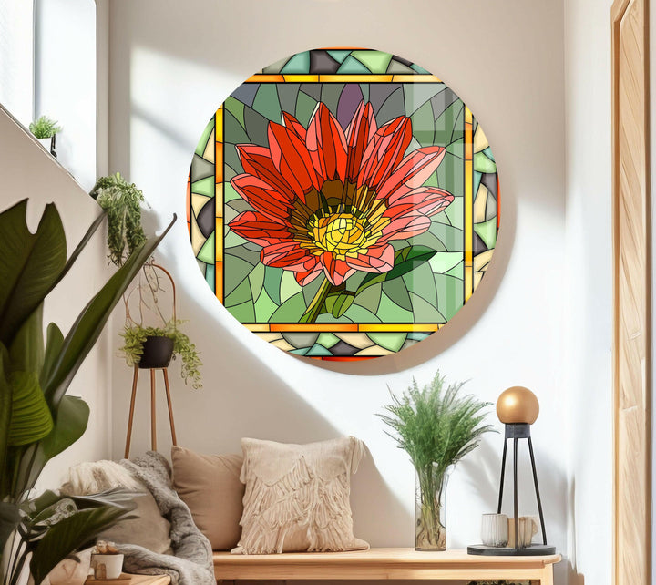 Red Mosaic Flower Stained Glass Wall Art glass art painting, glass art for the Wall