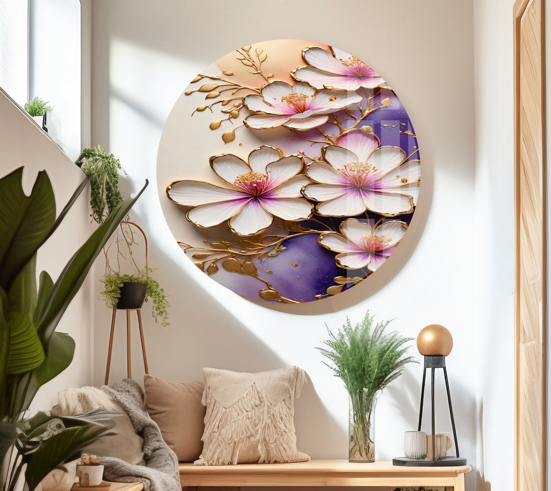 White Flower with Gold Details Glass Wall Art custom glass pictures, glass art prints
