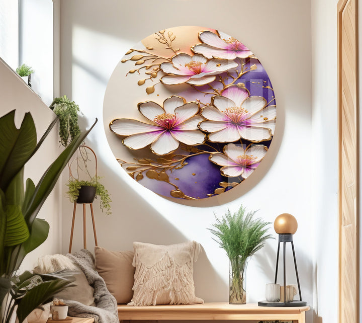 White Flower with Gold Details Glass Wall Art custom glass pictures, glass art prints
