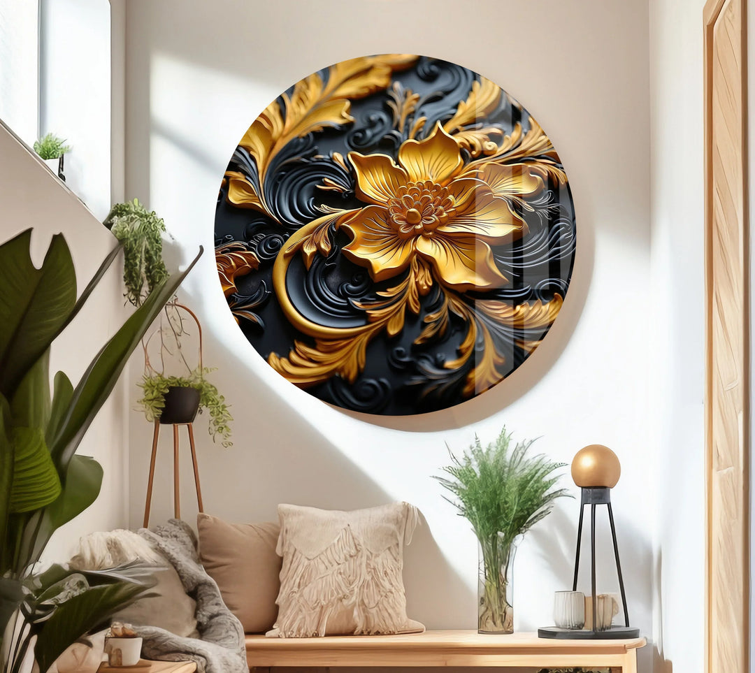 Botanical Gold & Black Flower Glass Wall Art glass pictures for Wall, glass prints wall art
