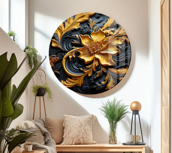 Botanical Gold & Black Flower Glass Wall Art glass pictures for Wall, glass prints wall art
