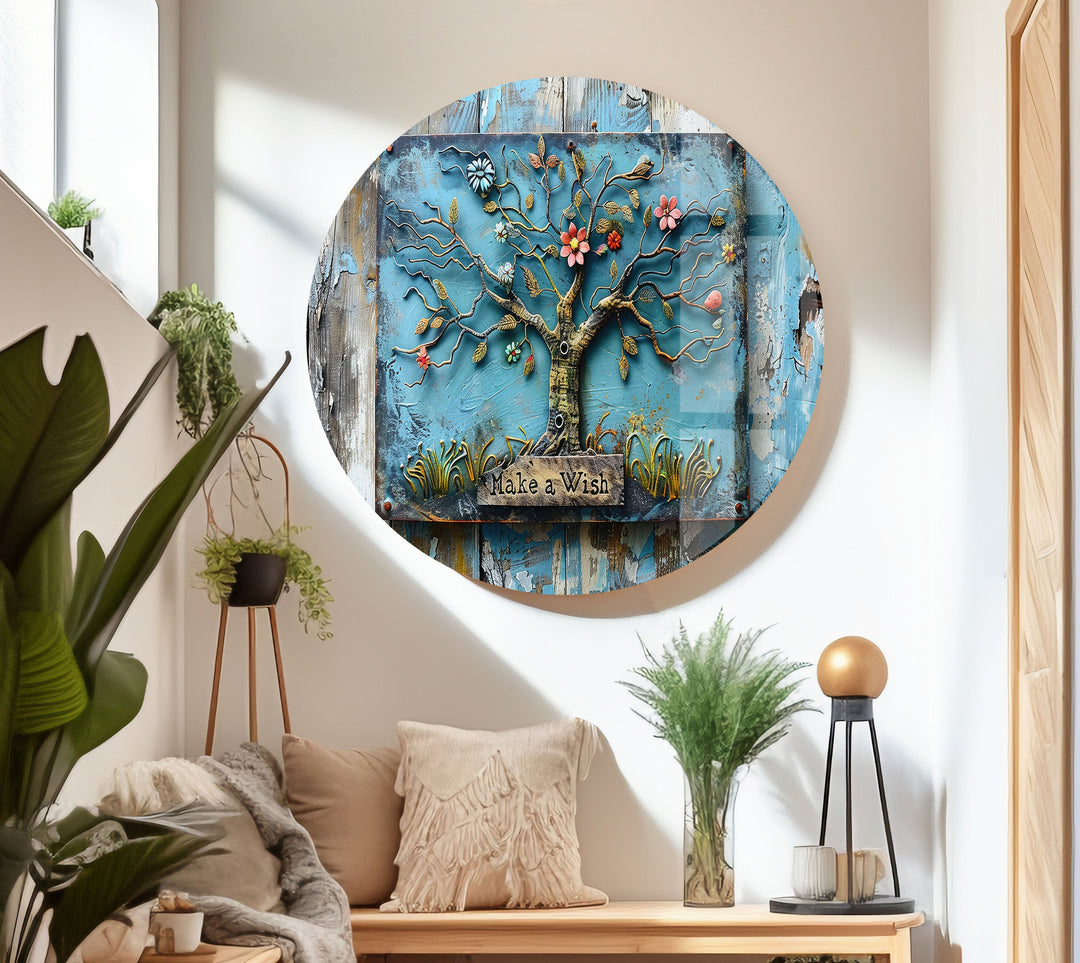 Blue Wood Details Tree Glass Wall Art print picture on glass, Tempered Glass Wall Art
