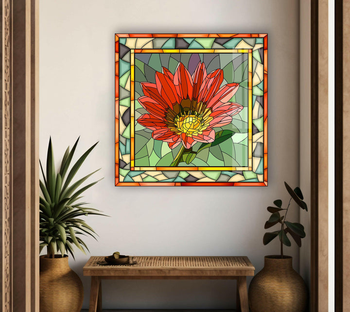Red Mosaic Flower Stained Glass Wall Art large glass photo prints, glass wall photos